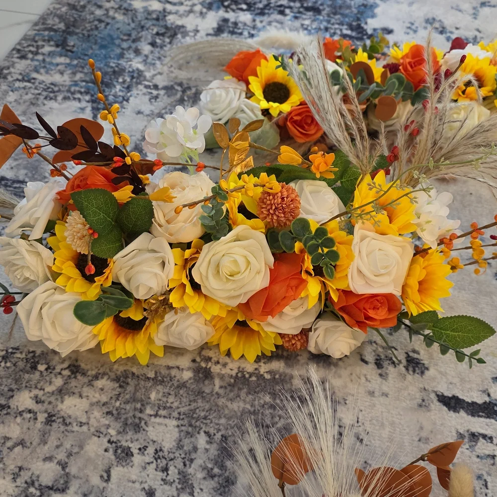 Autumn Sunflower & Rose Faux Floral Arrangement - Yellow, Orange, White